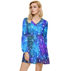 Constellation Dodger Blue Space Astronomy Galaxy Tiered Long Sleeve Mini Dress by CoolDesigns