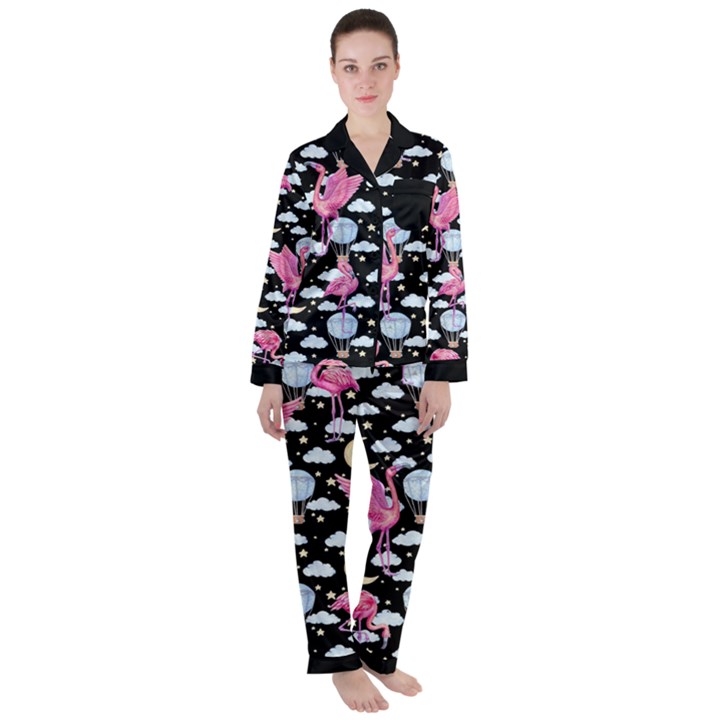 Moon Stars Black Flamingos Satin Long Sleeve Pyjamas Set