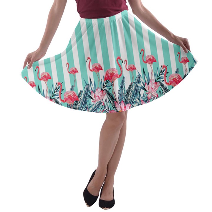 Stripes Flamingos Aquamarine Beach A-line Skater Skirt