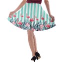 Stripes Flamingos Aquamarine Beach A-line Skater Skirt View2