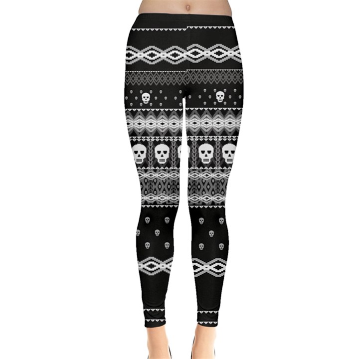 White Aztec Skulls Black Stretchy Leggings 