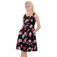 Black Cool Lips Pop Art Knee Length Skater Dress With Pockets by CoolDesigns