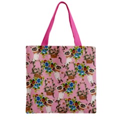 Cute Kitty Cat With Floral Zipper Grocery Tote Bag