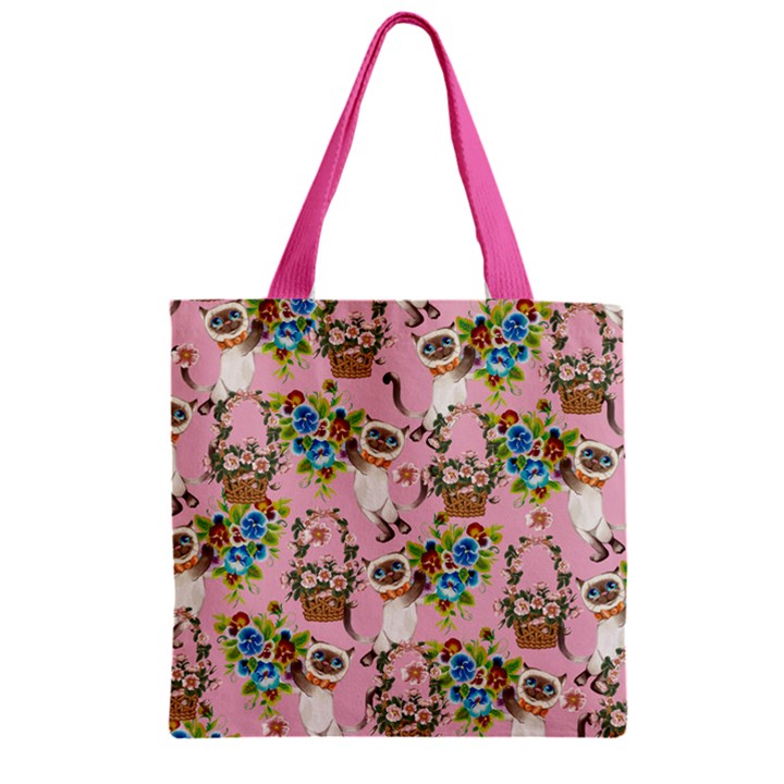 Cute Kitty Cat with Floral Zipper Grocery Tote Bag