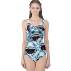 Fierce Light Blue Sharks Face Pattern Piece Swimsuit