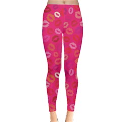 Full Lips Pink Heart Navy Leggings  by CoolDesigns