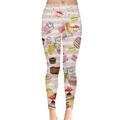 Cat With Dessert Pink Lollipop Candy Macaroon Cupcake Donut Leggings  by CoolDesigns