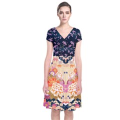 Bright Blossom Dark Navy Cherry Blossom Short Sleeve Front Wrap Dress