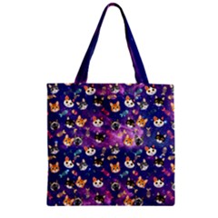 Gradient Purple Cat Face Space Pet Pattern Zipper Grocery Tote Bag