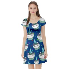 Cute Pattern Blue Unicorn Cupcakes Short Sleeve Skater Dress by CoolDesigns