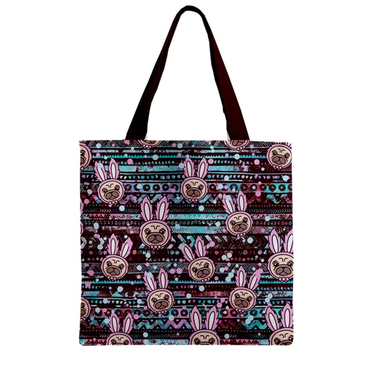 Cute Easter Pug Bunny Colorful Pink Zipper Grocery Tote Bag