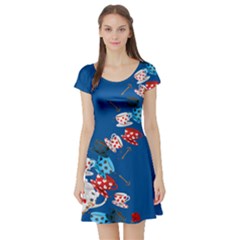 Alice Wonderland Steel Blue Tea Cups Short Sleeve Skater Dress  