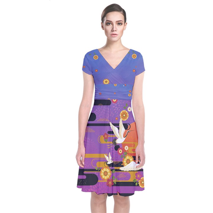 Medium Purple Japanese Style Cherry Blossom Short Sleeve Front Wrap Dress  