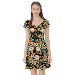 Orange Flowers Blue Violet White Floral Pattern Silhouettes Butterflies Short Sleeve Skater Dress