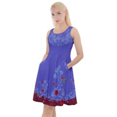 Princess Inspired Print Floral Blue Violet Knee Length Skater Dress With Pockets