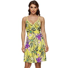 Hawaii Summer Flowers Chiffon Yellow V-neck Pocket Summer Dress 