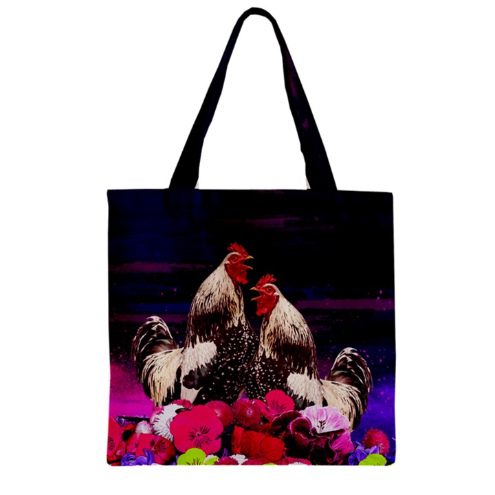 Hot Pink & Black Rooster Chicken Pattern Zipper Grocery Tote Bag