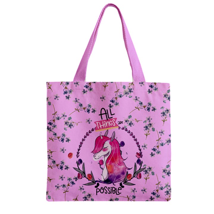 Orchid Unicorn Print Zipper Grocery Tote Bag