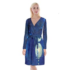 Night Sky Blue Moon Boat Reflection Long Sleeve Velvet Front Wrap Dress by CoolDesigns