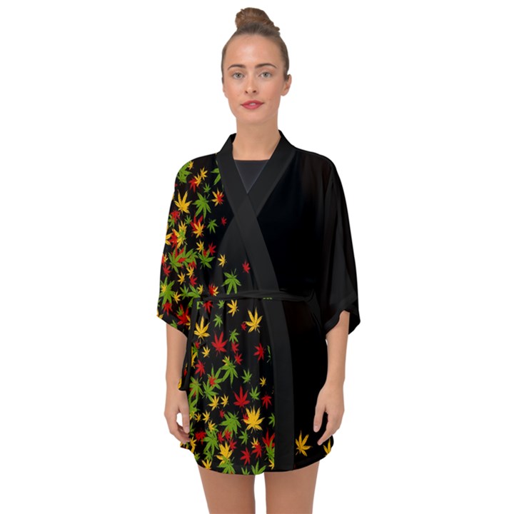 Cannabis Black with Marijuana Leaves Half Sleeve Chiffon Kimono