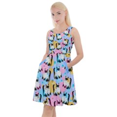 Meow Colorful Pink Cats Knee Length Skater Dress With Pockets