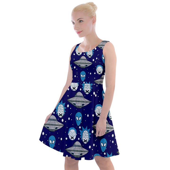 Rick Morty in Space Dark Blue Frizzle Letter Knee Length Skater Dress