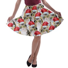 Red Cute Cat Khaki Xmas Hat A-line Skater Skirt by CoolDesigns