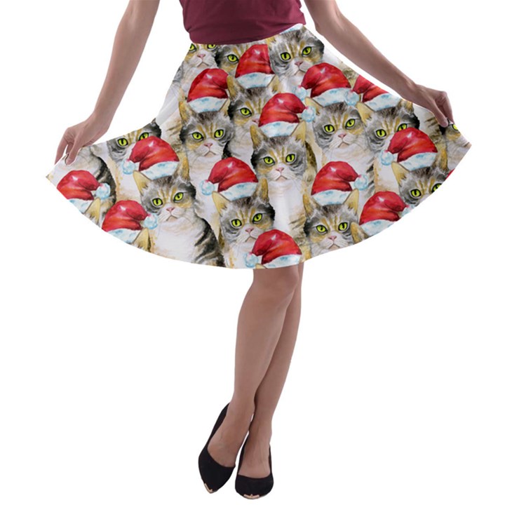 Red Cute Cat Khaki Xmas Hat A-line Skater Skirt