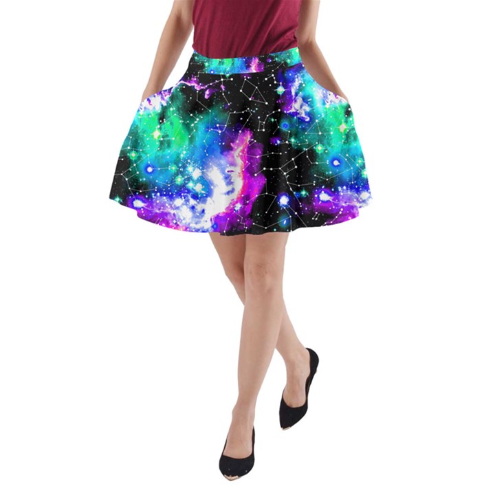 Milky Way Black & Turquoise Stars Andromeda Galaxy A-Line Skirt with Pockets