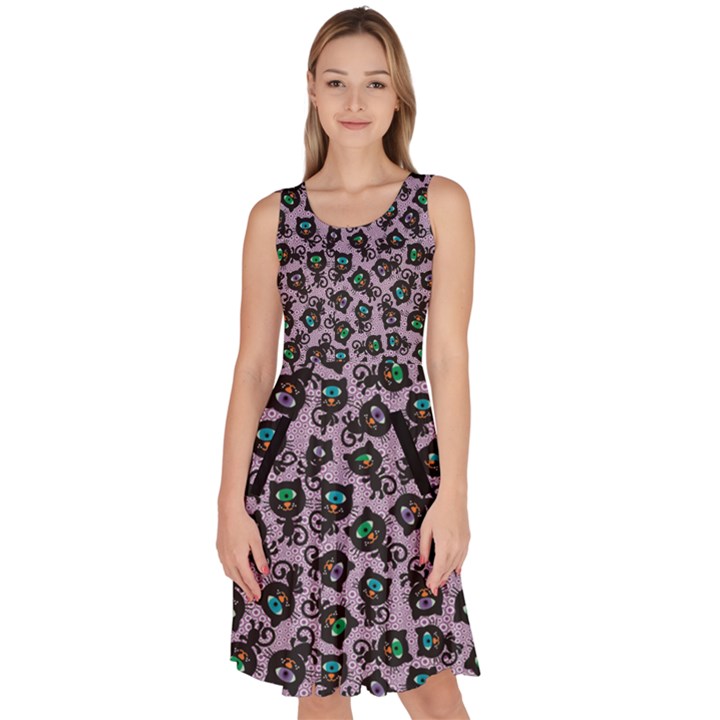 Purple & Black Cute Cats Pattern Knee Length Skater Dress With Pockets
