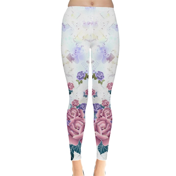 Elegant White Sweet Roses Floral Leggings 