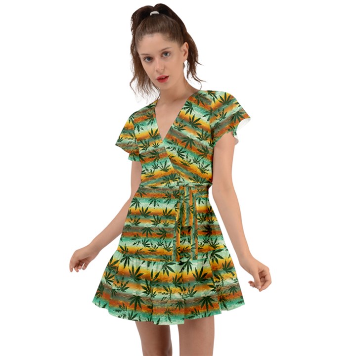 Mexico Marijuana Yellow Green Flutter Sleeve Wrap Dress