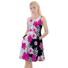 Floral Lilium Yin Yang Black & White Knee Length Skater Dress With Pockets