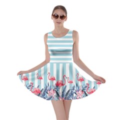 Stripes Flamingos Turquoise Beach Skater Dress by CoolDesigns