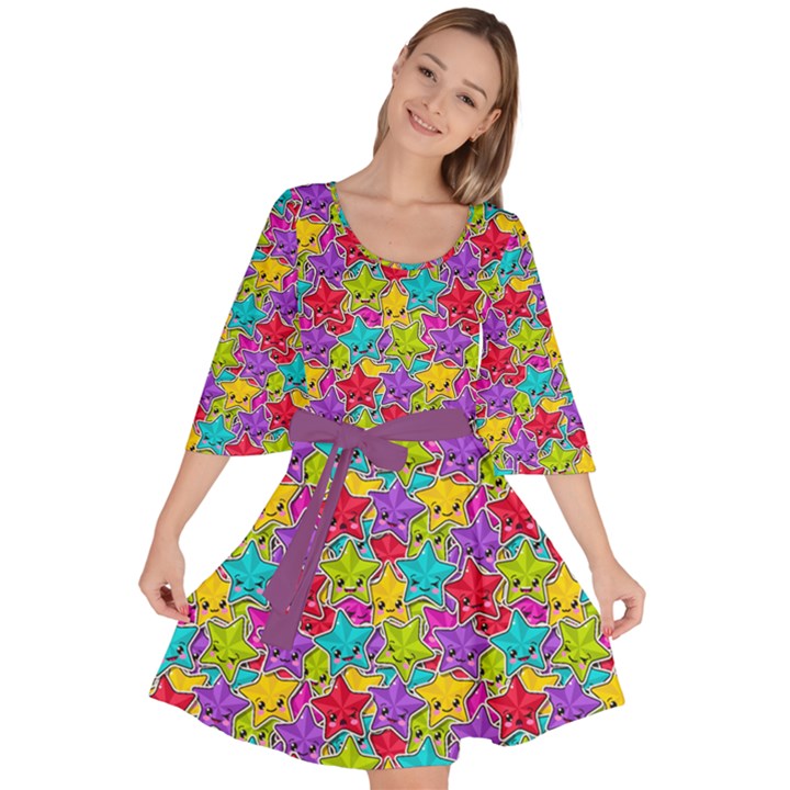 Colorful Pattern Kawaii Stars Velour Kimono Dress