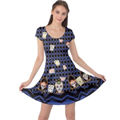 Purple Blue Checkered Sugar Skull Halloween Cap Sleeve Dress by CoolDesigns