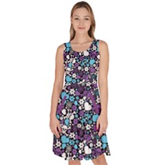 Purple Flowers Skulls And Hearts Pattern Knee Length Skater Dress With Pockets