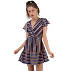 Retro Nautical Marine Navy Stripes Flutter Sleeve Wrap Dress