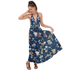 Garden Dark Blue Floral Flowers Backless Maxi Beach Dress by CoolDesigns