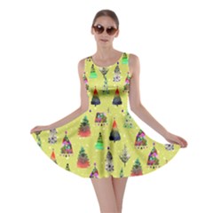 Yellow Green Xmas Trees Stars Hand Drawn Double Sided Skater Dress by CoolDesigns