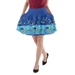 Under Blue Watercolor Sea Fish Pattern A-line Pocket Skirt