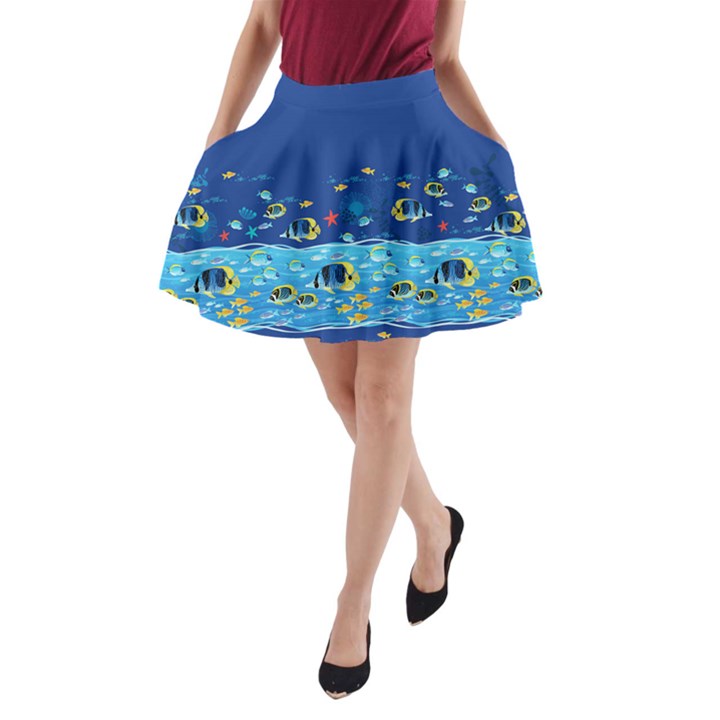 Under Blue Watercolor Sea Fish Pattern A-Line Pocket Skirt