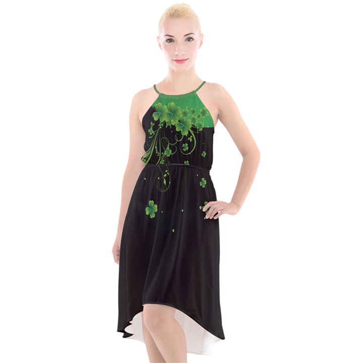 Vintage Shamrock Style Black & Green High-Low Halter Chiffon Dress 