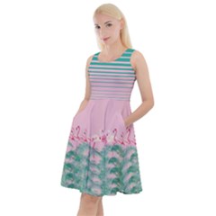 Aqua Stripes Pattern Pink Flamingo Knee Length Skater Dress With Pockets by CoolDesigns