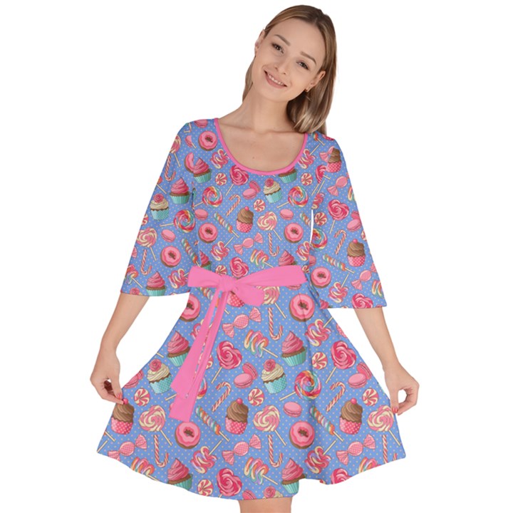 Dodger Blue Lollipop Candy Macaroon Cupcake Donut Velour Kimono Dress