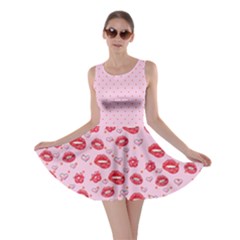 Kiss Lips Pink With Hearts Print Skater Dress