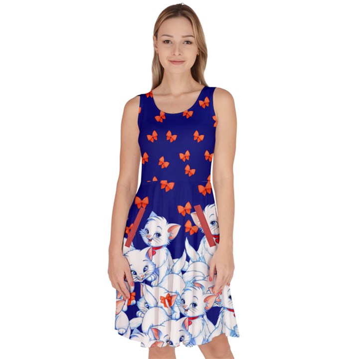 Cute Cat and Ribbon Dark Blue Knee Length Skater Dress With Pockets