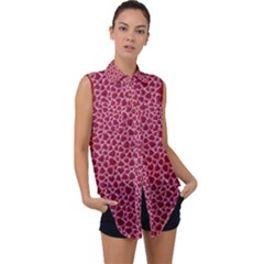 Seamless Hearts Dark Red Sleeveless Chiffon Button Shirt