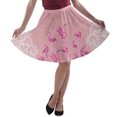 Lace Flamingos Pink A-line Skater Skirt