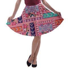 Aztec Floral Patchwork Pink A-line Skater Skirt by CoolDesigns
